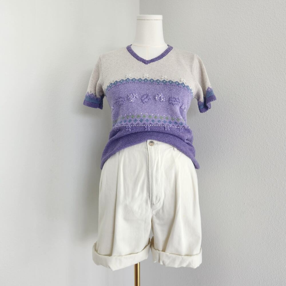 Vintage 90s Purple Tan Knit Top Short Sleeve Floral Embroider V Neck Villager S